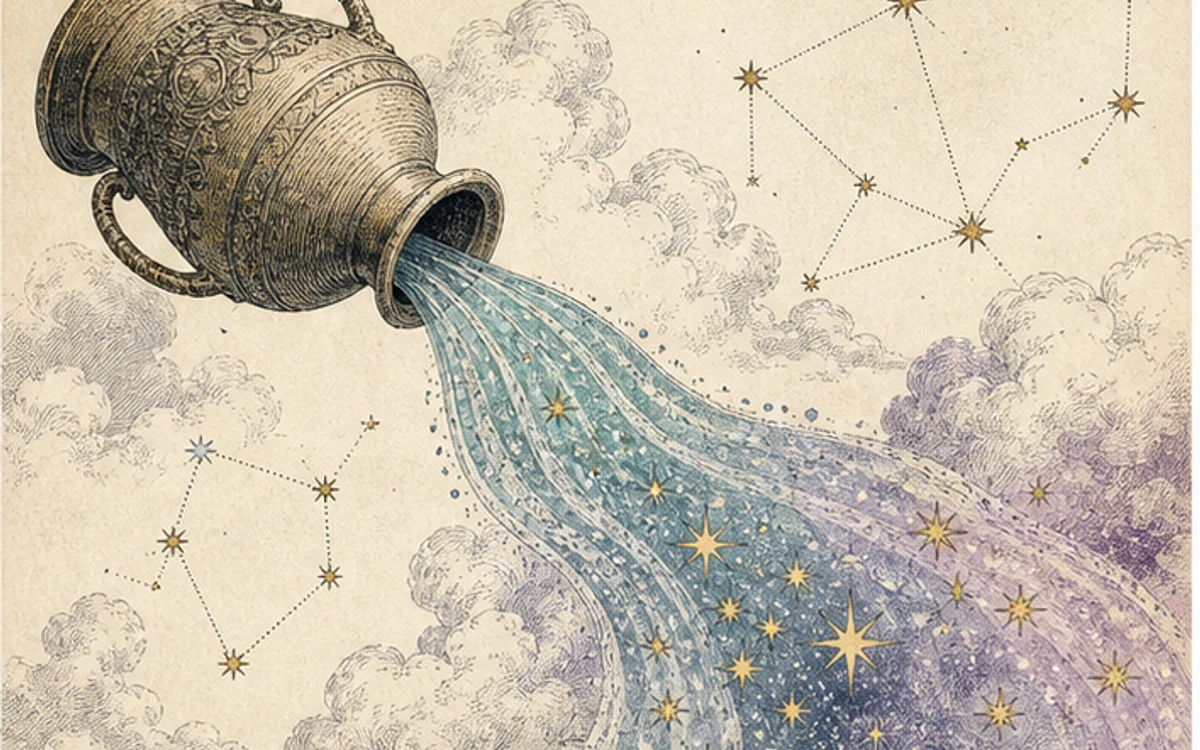 水瓶から星を含む水が流れる様子を描いた革新と共有の挿絵