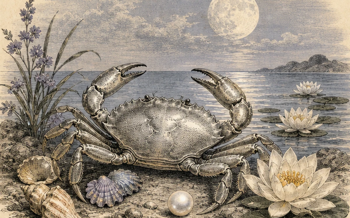 月夜の岸辺にいる蟹、真珠、睡蓮を描いた古い博物画風の挿絵