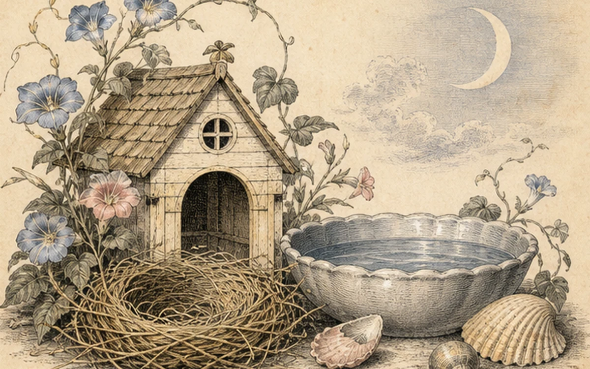 巣と小屋、水の器、貝殻、月を組み合わせた保護と居場所の挿絵