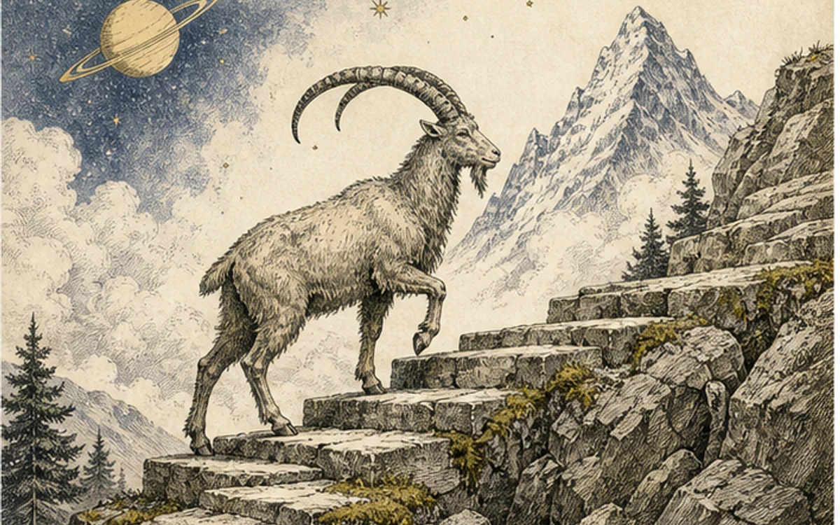 冬山の石段を登る山羊と土星を描いた古い版画風の挿絵