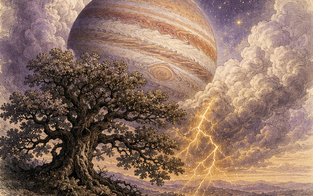 木星、樫、稲妻を描いた拡大と成長の挿絵