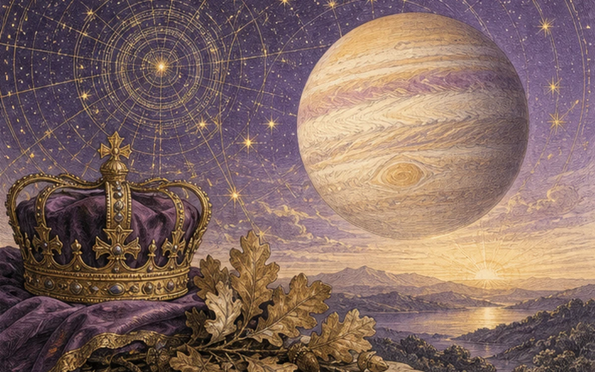 木星、王冠、星図、樫の葉を組み合わせた展望と発展の挿絵