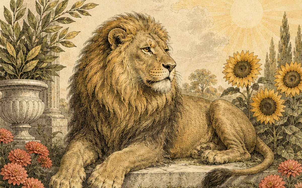 太陽と向日葵に囲まれた獅子を描いた古い博物画風の挿絵