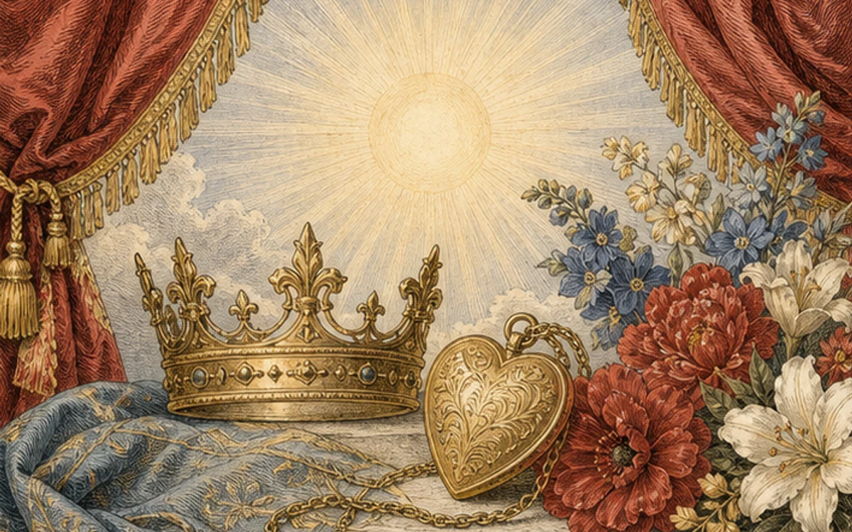 幕の向こうの太陽、王冠、ハート形の飾りを組み合わせた自己表現の挿絵
