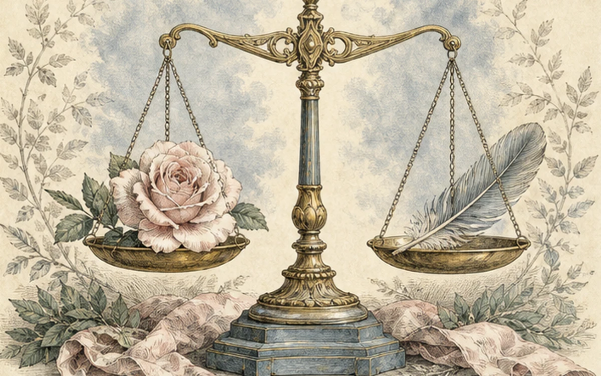 薔薇と羽根を載せた天秤を描いた均衡の挿絵