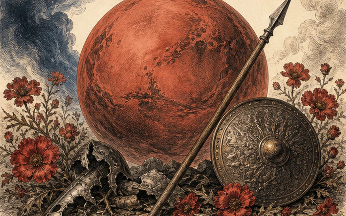 赤い火星、槍、盾、赤い花を描いた行動と闘志の挿絵