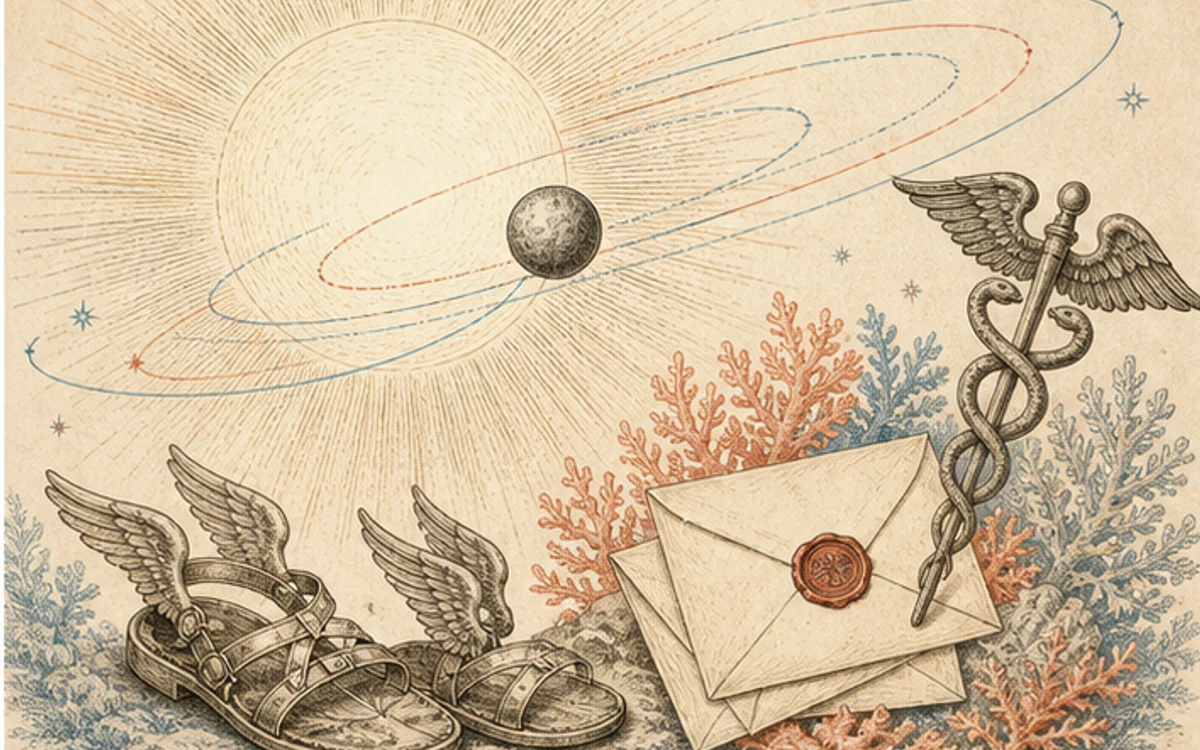 太陽の近くを巡る水星、翼のある靴、杖、手紙を描いた伝達と移動の挿絵