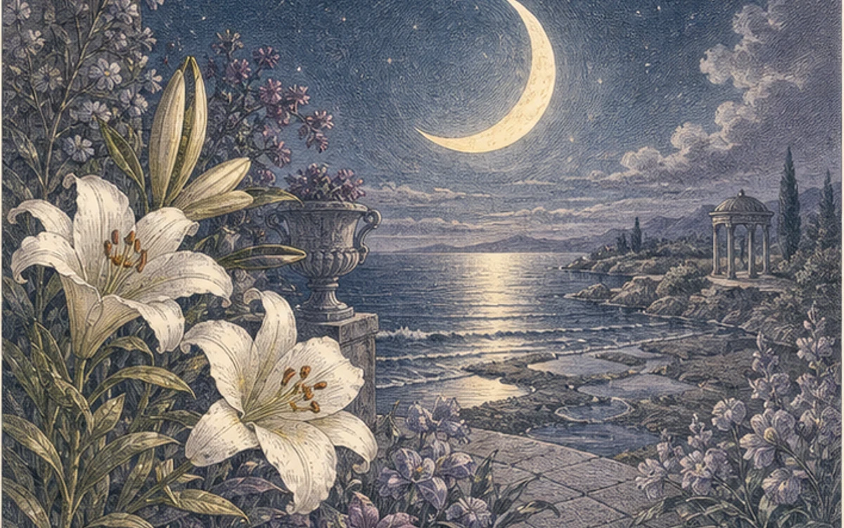 月の満ち欠け、夜の庭、銀の器、静かな水面を描いた周期と感情の挿絵