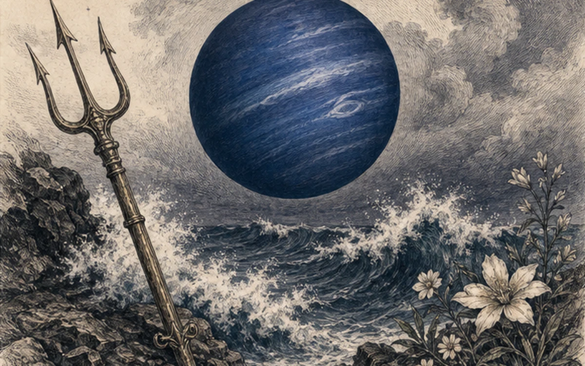 海上の海王星、三叉の矛、白い花を描いた海と境界の挿絵