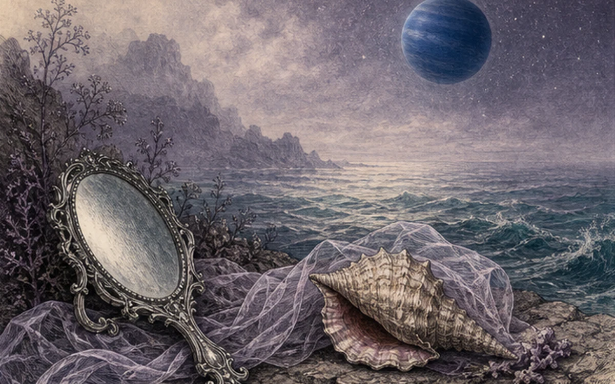 海王星、貝殻、鏡、薄布を組み合わせた夢と想像力の挿絵