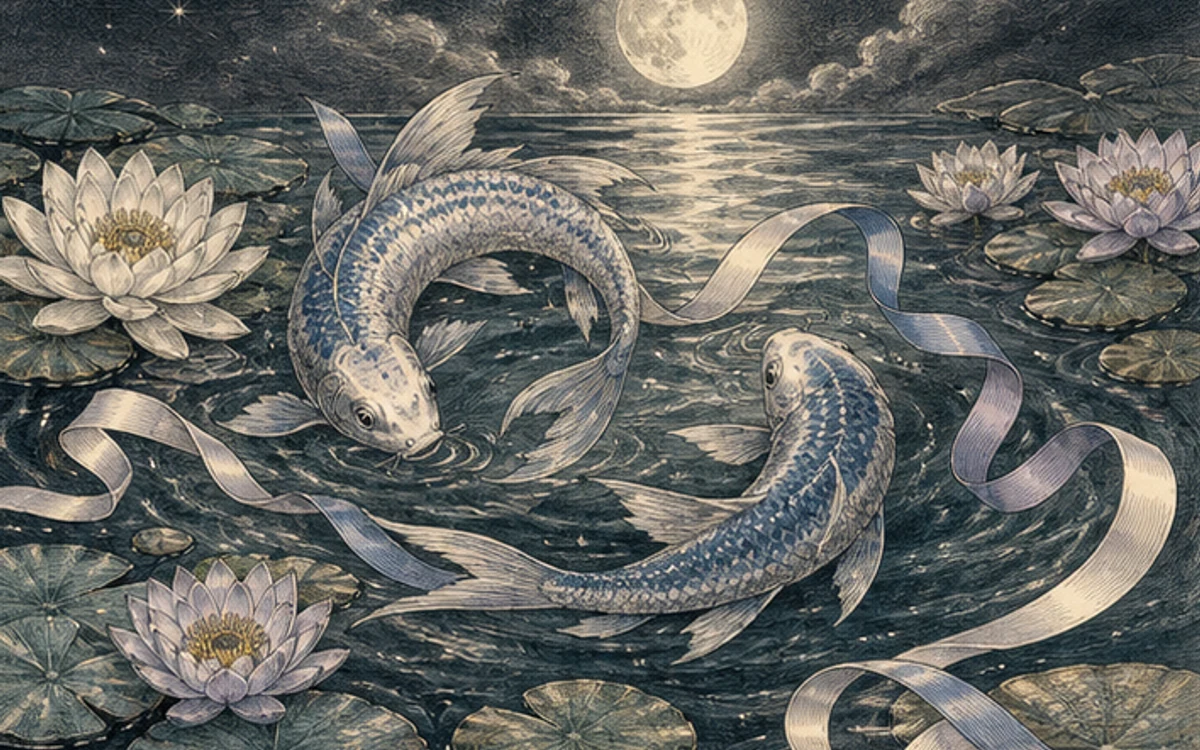 月夜の池を巡る二匹の魚と睡蓮を描いた古い博物画風の挿絵