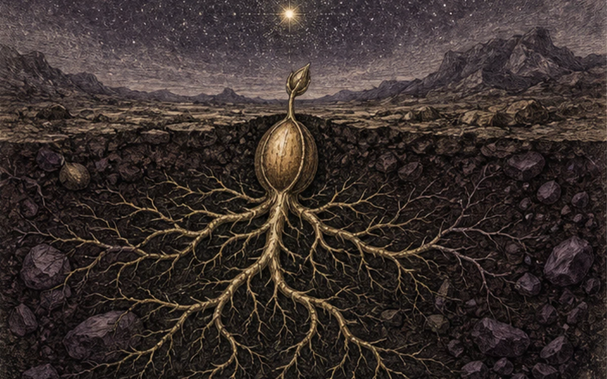 地中の種と根、遠い星を描いた終わりと再生の挿絵