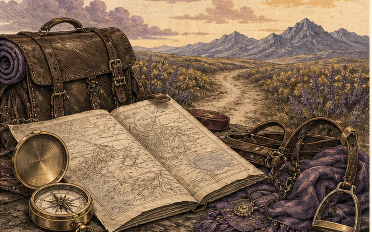 地図、方位磁針、旅の鞄、山へ続く道を描いた旅と展望の挿絵