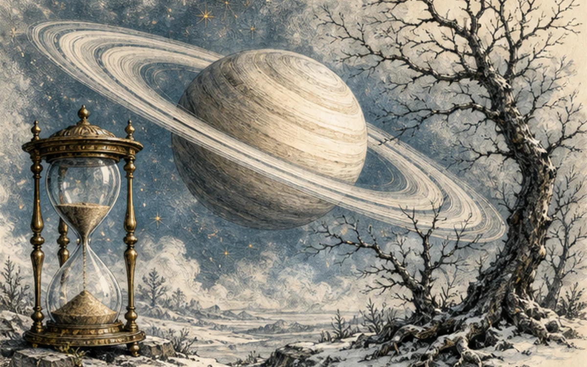 冬景色の土星、砂時計、枯れ木を描いた時間と制約の挿絵