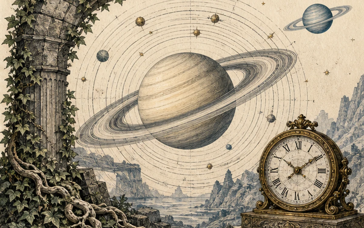 土星、古時計、石の門、根を組み合わせた成熟と持続の挿絵