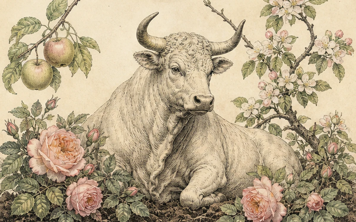 春の花と林檎の木に囲まれた白い牡牛を描いた古い博物画風の挿絵