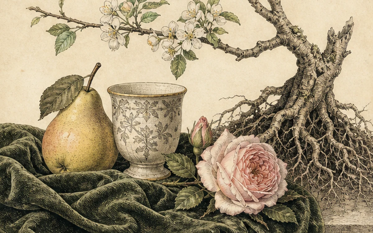 梨、陶器、薔薇、布、根を張る木を組み合わせた五感と安定の挿絵