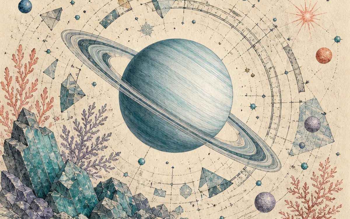 傾いた天王星、結晶、幾何学的な軌道を描いた変化の挿絵