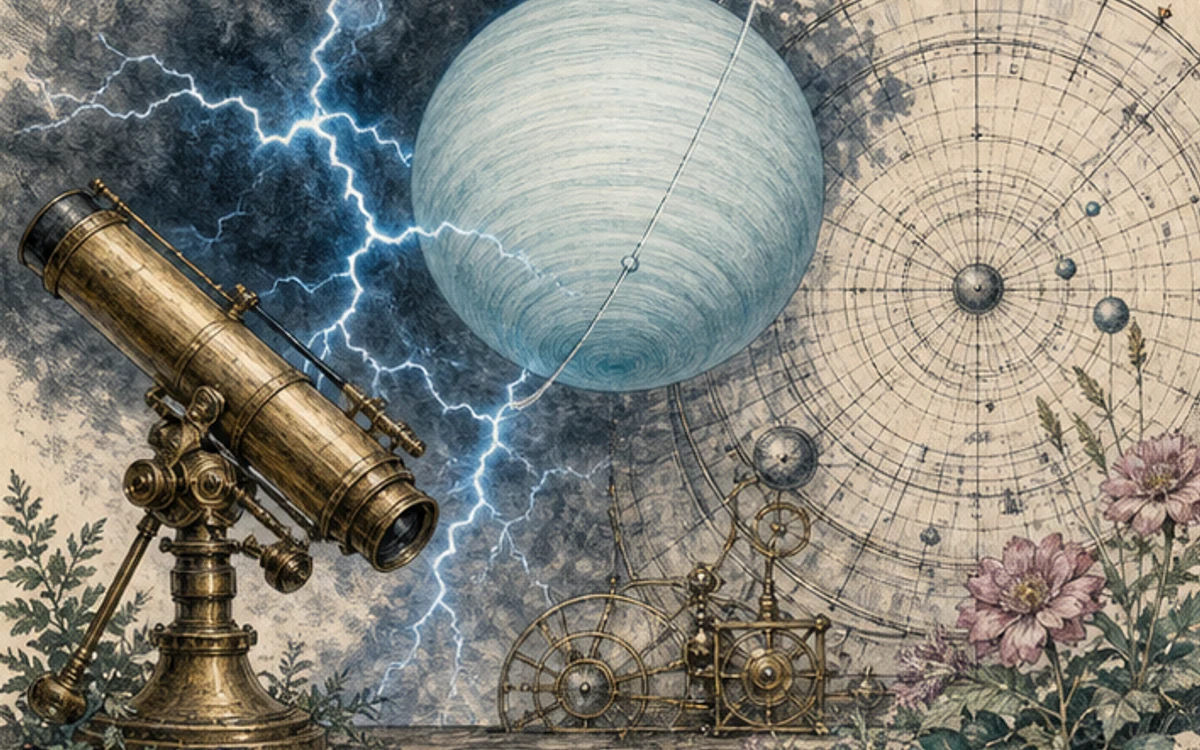 天王星、望遠鏡、稲妻、星図を組み合わせた発見と刷新の挿絵