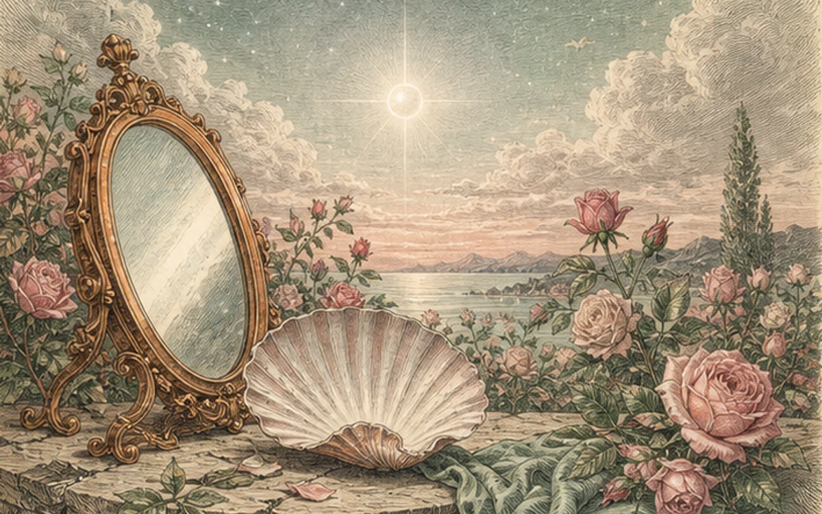 宵の明星、薔薇、鏡、貝殻を描いた美と調和の挿絵