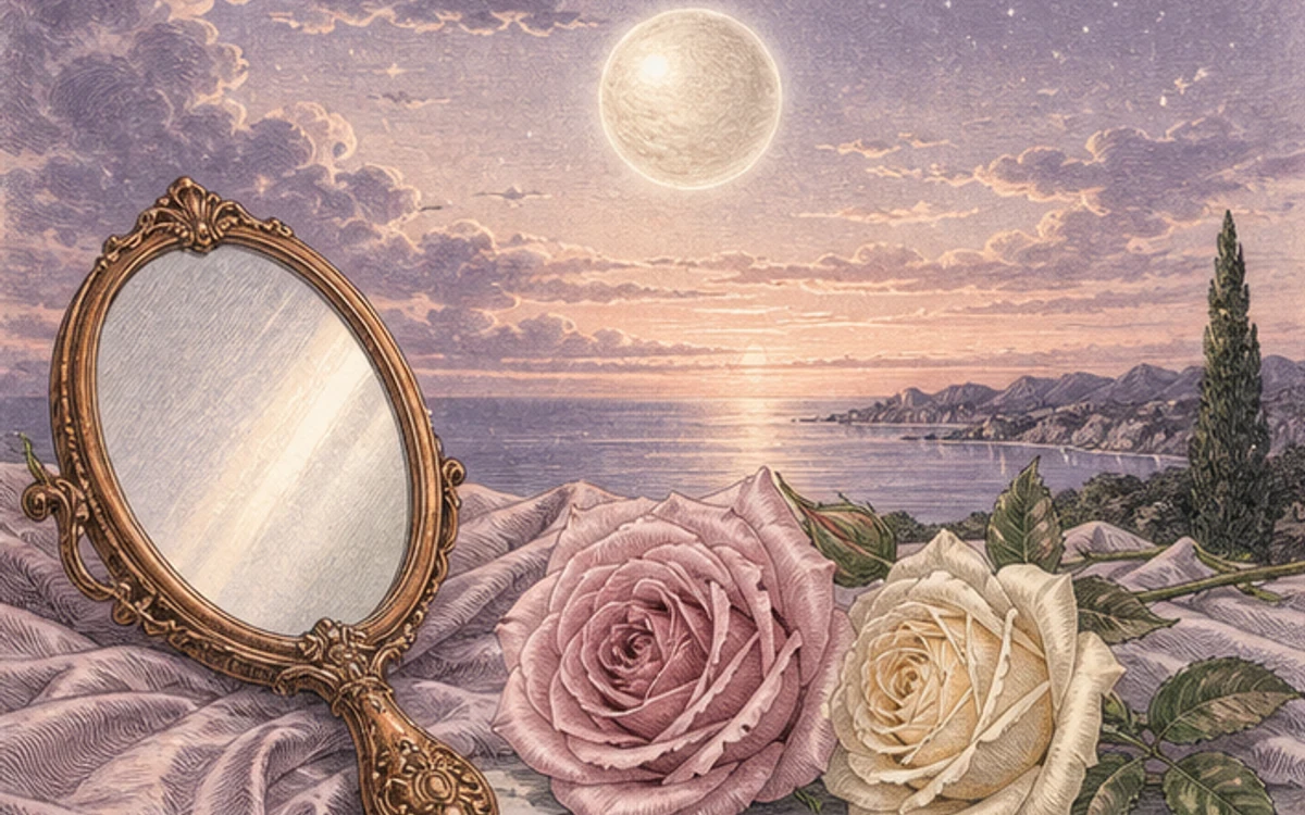金星、二輪の薔薇、手鏡、布を組み合わせた愛と価値の挿絵