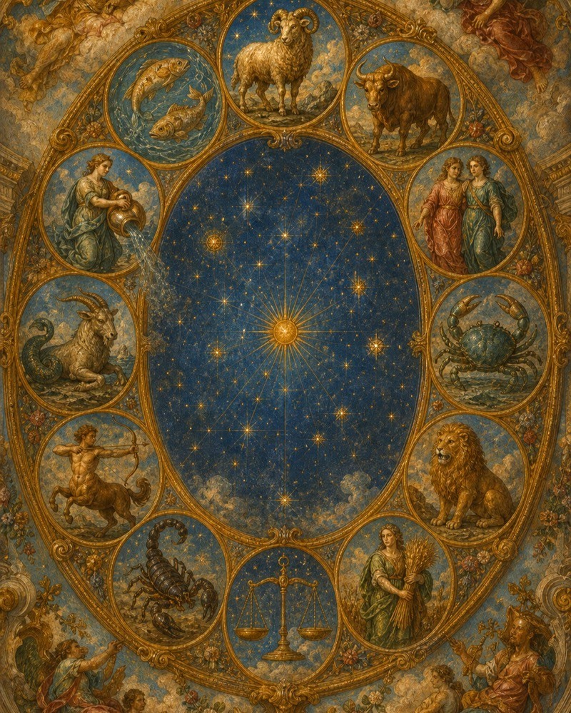 西洋古典絵画調の黄道十二宮と星図の天井画