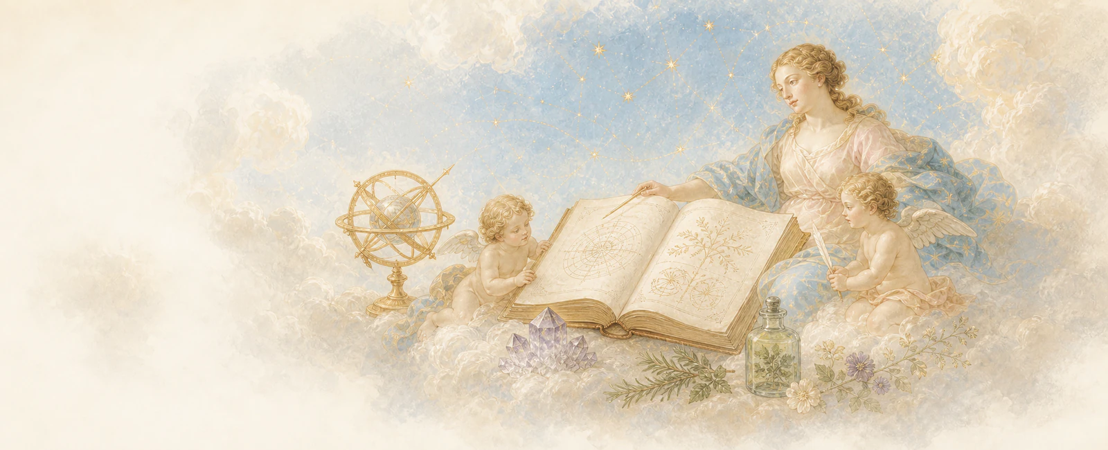 雲の上で開いた書物を囲み、天球儀、鉱石、薬草とともに学ぶ女神と天使たち