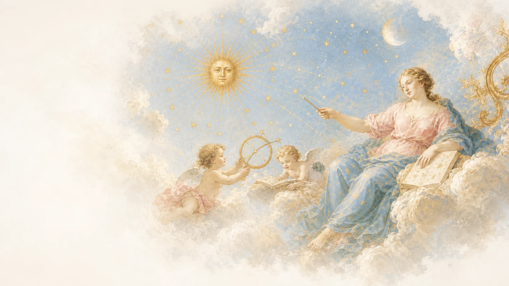 星を指し示す女神と天球儀を囲む天使を描いた天上画