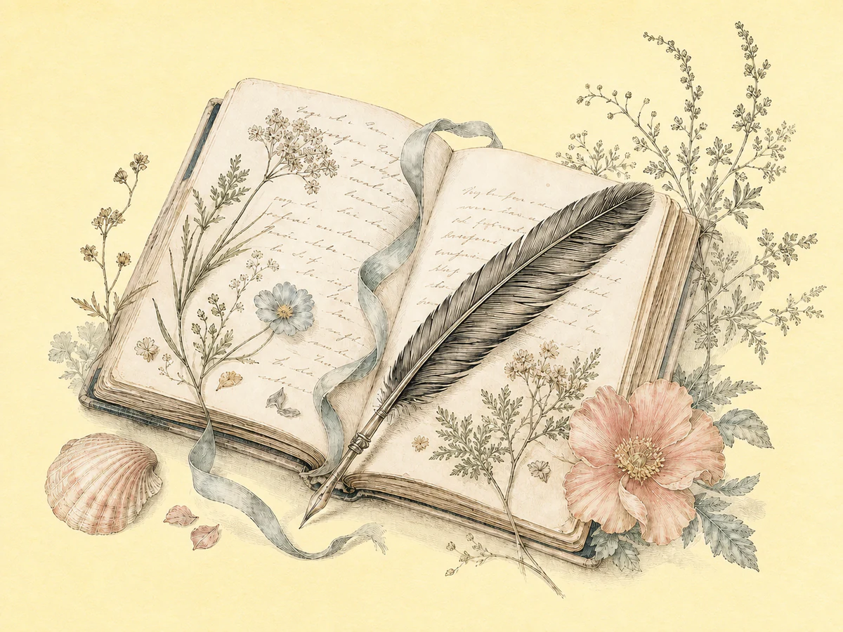 開いた手帳と羽根ペン、草花を描いたヴィンテージイラスト