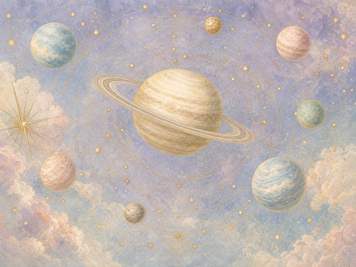 土星と星々を描いたラベンダー色の天文図