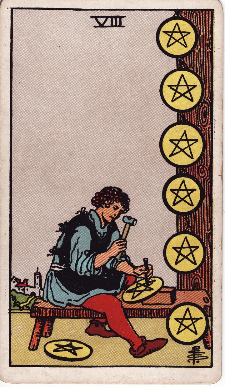 ペンタクルの8（Eight of Pentacles）のカード図像